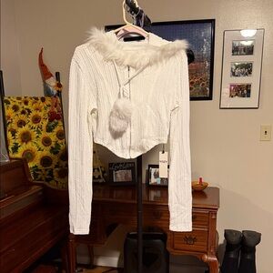 YOZZI Women's White Fuzzy Hooded Cardigan